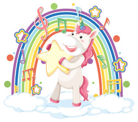 Obraz na płótnie Canvas Unicorn standing on cloud with rainbow and melody symbol