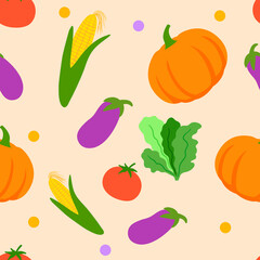 Seamless pattern with vegetables on beige background. Bright Pattern with pumpkin, corn, eggplant, tomato for kitchen textiles