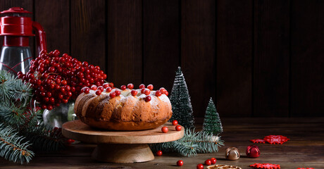 Traditional Christmas cranberry pie. Preparation of the festive table for the celebration of Christmas