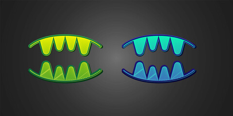 Green and blue Vampire teeth icon isolated on black background. Happy Halloween party. Vector