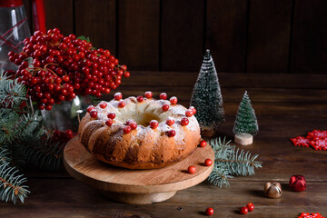Traditional Christmas cranberry pie. Preparation of the festive table for the celebration of Christmas