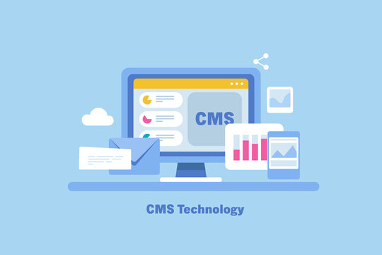 Content management and cms concept. Blogging and website data, content hosting and management,  business marketing, web administrator panel. Communication and technology concept. Web banner template.