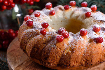 Traditional Christmas cranberry pie. Preparation of the festive table for the celebration of Christmas