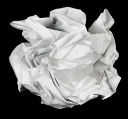 A piece crumpled white paper isolated black background. damaged office paper