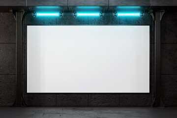 Advertising wall board with neon mockup.  3D rendering.