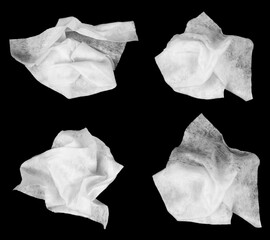 Collage wet wipes isolated on black background. Set wet white used napkins