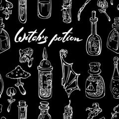Vector seamless pattern. Linear white witch potion and hand drawn lettering on black. Fly agaric, bat, wing, glass bottle with poison. Dark chalk style  for textile, wrapping paper, halloween decor.