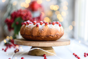 Traditional Christmas cranberry pie. Preparation of the festive table for the celebration of Christmas