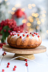 Traditional Christmas cranberry pie. Preparation of the festive table for the celebration of Christmas