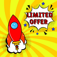 Limited offer text.  Comic book explosion with text Limited offer, vector illustration. Sale promotion symbol. Vector bright cartoon illustration in retro pop art style. 