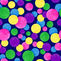 Circles confetti falling on blue background. Watercolor dot seamless pattern. Paper texture. Holiday fun print.