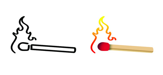 Cartoon matches , matchstick with  fire or flame logo. Burning fire or flame pictogram. Match lighted icon or sign. Flat vector.