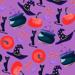 Vector seamless pattern with witch hat, black cat, cauldron with bubbling potion, pumpkin and magic mushrooms isolated on lilac background. Cartoon halloween elements for witchcraft.