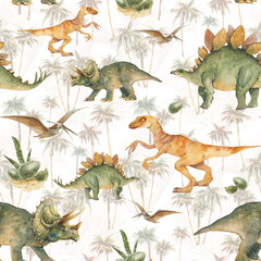 Dinosaur seamless pattern. Watercolor cartoon dino wallpaper. Surface design with palm trees and prehistorical reptile: stegosaurus, pterodactil, triceratops