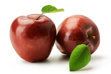 Fresh Red Delicious apples with green leaf isolated on a white.