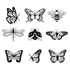 Set of beautiful fly insect tattoos. Flat vector design