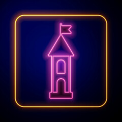 Glowing neon Castle tower icon isolated on black background. Fortress sign. Vector