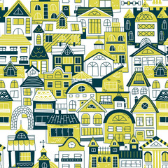 Old city - vector seamless pattern in scandinavian style. Repeating pattern for fabric, textile, wallpaper, posters, gift wrapping paper, napkins, tablecloths. Print for kids, children. 