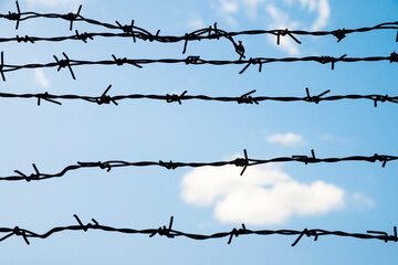 Horizontal lines of barbed wire against blue sky with clouds. Concept of the problem of refugees around the world.