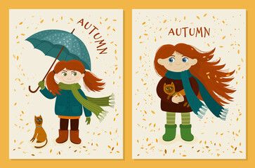 Red-haired girl under an umbrella and with a cat - set  vector prints.