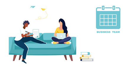 People, young students plan business on the calendar. Entrepreneurs sign a contract. Teamwork, business development on the scheme, work ideas. Characters of little people. Vector illustration, green