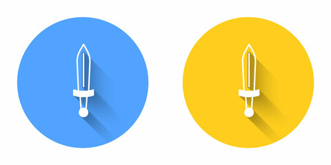 White Medieval sword icon isolated with long shadow background. Medieval weapon. Circle button. Vector