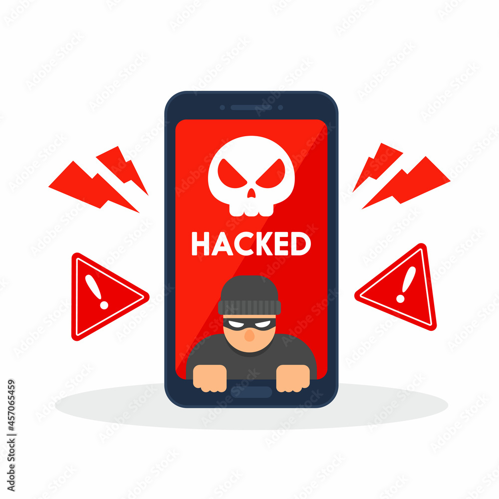 Poster smartphone with hacker and hacked message. danger warning on mobile. emergency alert of threat by ma