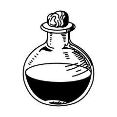 Magic poisonous potion in a flask with a skull. Witchcraft witch item. Hand drawn black doodle sketch outline tattoo engraving. Stock vector illustration isolated on white background