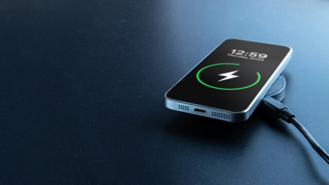 Phone charge. Mobile cell phone charge battery from wireless smart charger. Modern technology, portable fast charger.