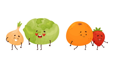 Cute Fruit and Vegetable Couples Smiling and Holding Hands Vector Set