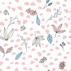 Floral vector seamless pattern with  flowers, leaves and berries. Beautiful hand drawn flowers in  light pastel colors in vintage style.