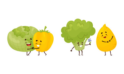 Cute Fruit and Vegetable Couples Dancing and Giving Flower Vector Set