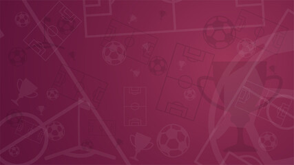 Dark scarlet background with of football elements. Soccer ball, cup, goal, corner flag on back background. Poster for championship. Template 2022. Vector