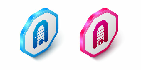 Isometric Inflatable boat with outboard motor icon isolated on white background. Hexagon button. Vector