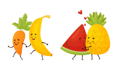 Cute Fruit and Vegetable Couples Kissing and Holding Hands Vector Set