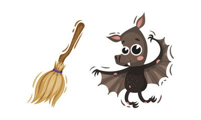 Witch Broomstick and Vampire Bat as Halloween Symbol Vector Set