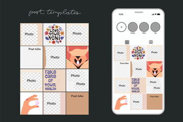 Modern editable design backgrounds for .social media page. Set of post frame templates. Mockup for woman health blog. 