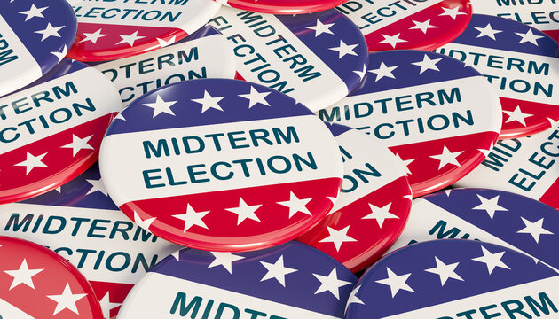 Close-up US midterm election badges with Stars and Stripes in blue and red. The text Midterm Election in the center. 3D illustration