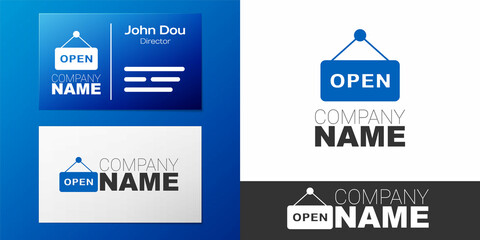 Logotype Hanging sign with text Open door icon isolated on white background. Logo design template element. Vector