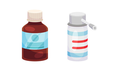 Vial with Tablet or Pill and Spray as Pharmaceutical Medication Vector Set