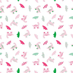Hand drawn seamless pattern of spotted dinosaurs and striped clouds. Perfect for scrapbooking, greeting card, poster, textile and prints. Doodle style illustration for decor and design.