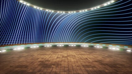 Full shot of a virtual TV show room background, ideal for tv shows, news or infomercials.Video backdrop loop, suitable on VR tracking system stage sets, with green screen