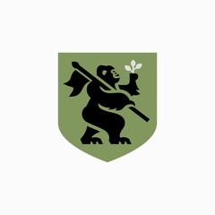 旗と植物を持つゴリラのシンプルなシルエットイラスト。ロゴ、アイコンのためのエンブレムデザイン