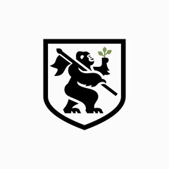 旗と植物を持つゴリラのシンプルなシルエットイラスト。ロゴ、アイコンのためのエンブレムデザイン