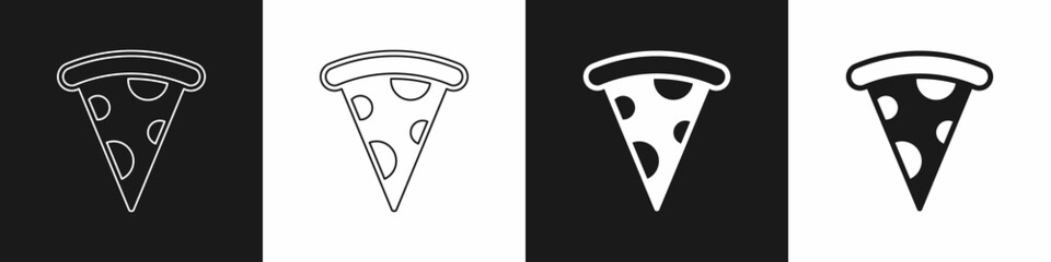 Set Slice of pizza icon isolated on black and white background. Fast food menu. Vector