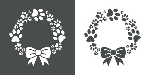 Tiempo de Navidad. Tienda de mascotas. Logotipo corona de navidad con pisadas de perro con lazo de cinta en fondo gris y fondo blanco