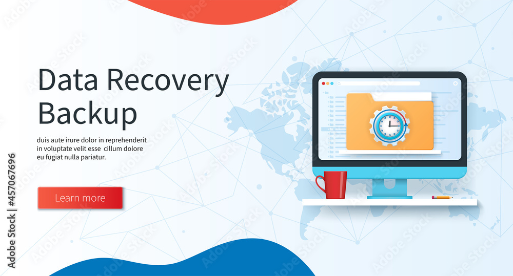 Aufkleber data recovery backup banner. computer with folder and data recovery sign on screen. business concept