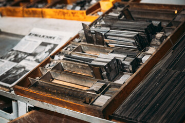 Close Up Of Typesetting Linotype Machine, Imprint. Paper Mill Museum. Famous Landmark, Historical Heritage - obrazy, fototapety, plakaty