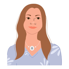 Portrait of happy smiling woman. Romantic face of female character. Flat cartoon vector illustration isolated on white background