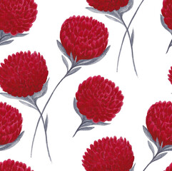 Floral seamless pattern. Hand drawn watercolor painting bright red flowers with gray leaves on white background. Beautiful nature template for design, textile, wrapping.